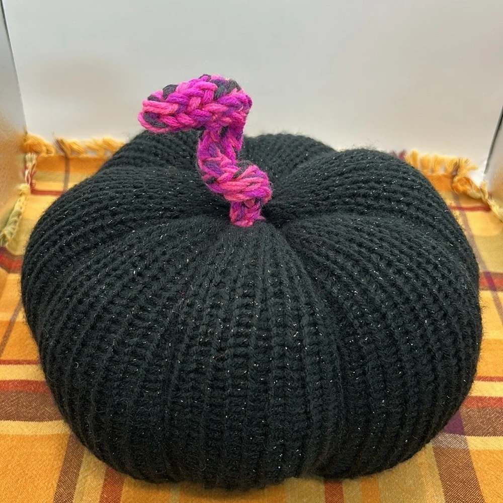 Sparkling Black and Pink Knit Pumpkin Decor handmade. One of a kind